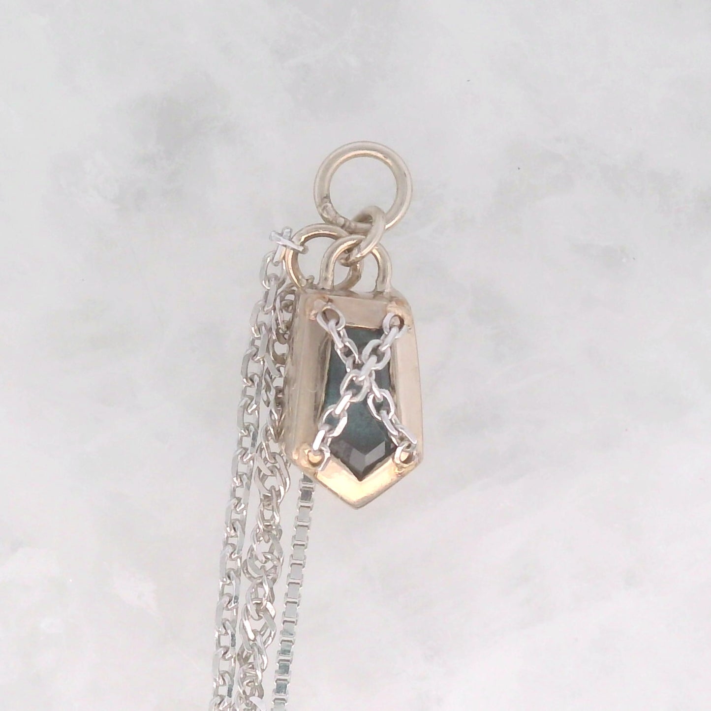 Blue Sapphire Geo Cut with Crossed Chains - 14k White Gold - Dangle