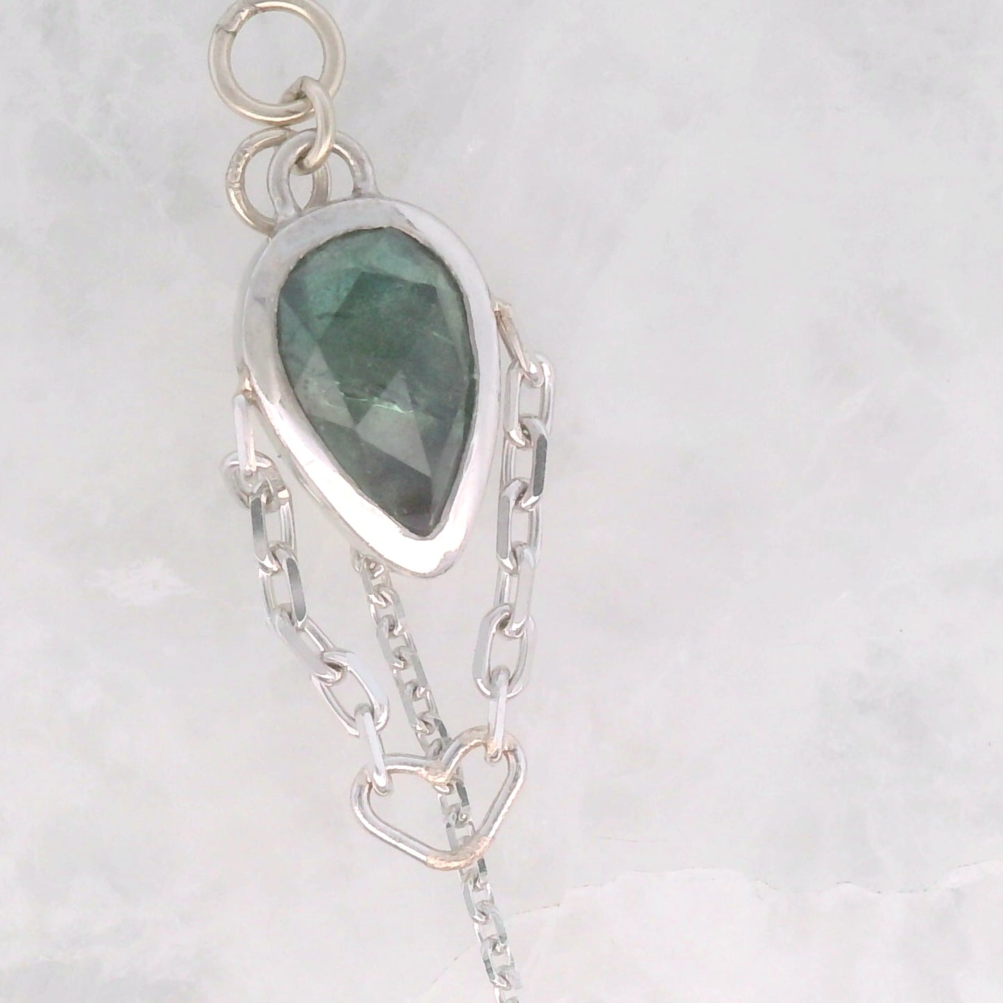 Blue Sapphire Pear with White Diamond Briolette and Heart - 14k White Gold - Dangle