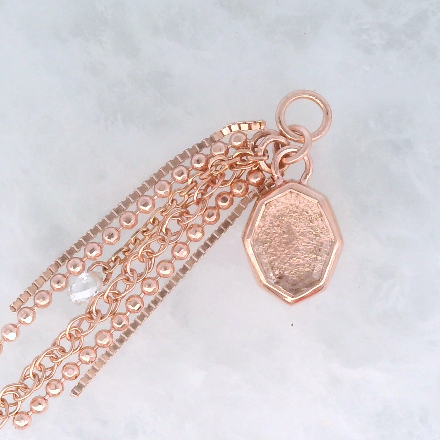 Clear Quartz Octagon with Diamond Bead - 14k Rose Gold - Dangle