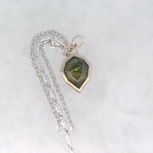 Blue Green Sapphire Shield - 14k White Gold - Dangle
