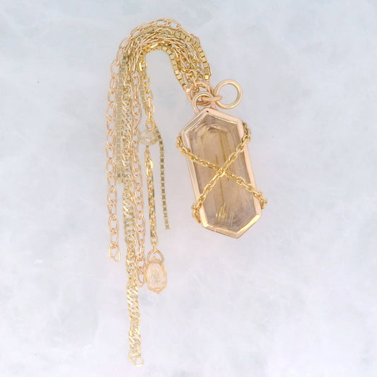 Rutilated Quartz Rupee with Champagne Diamonds - 14k Yellow Gold - Dangle