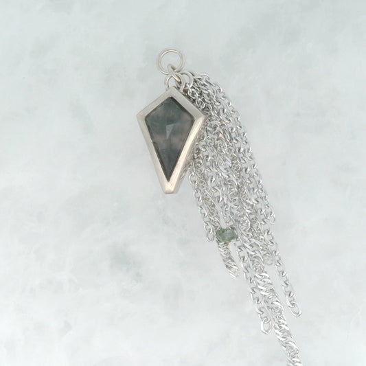 Moss Agate Kite with Green Diamond Bead - 14k White Gold - Dangle