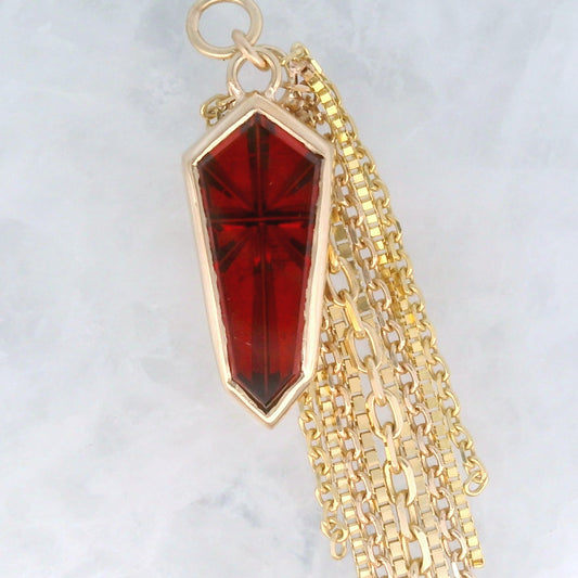 Fantasy Cut Red Garnet Shield - 14k Yellow Gold - Dangle