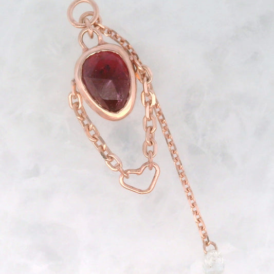 Pink Tourmaline Pear with White Diamond Briolette and Heart - 14k Rose Gold - Dangle