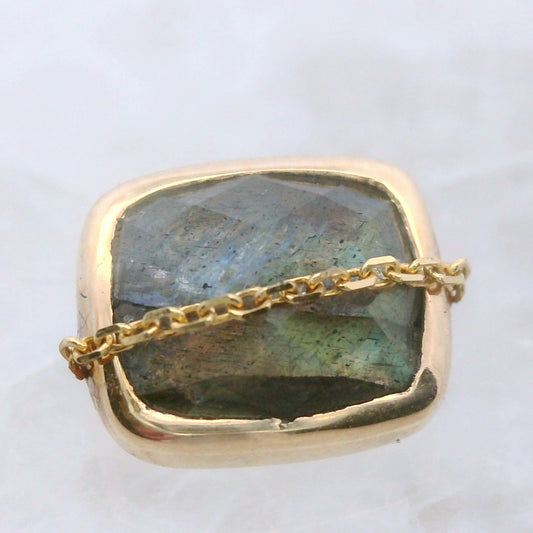 Yellow Gold 14g Threaded End Labradorite with Chain Across Rose Cut Gem - 14g
