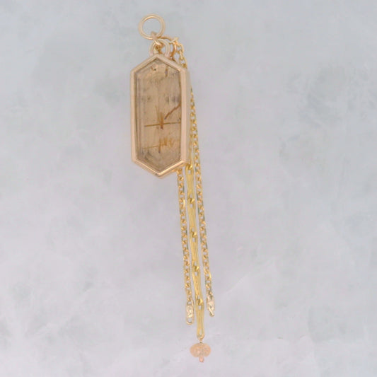 Rutilated Quartz Rupee with Champagne Diamond Bead - 14k Yellow Gold - Dangle