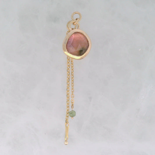 Watermelon Tourmaline Round with Green Diamond Bead - 14k Yellow Gold - Dangle