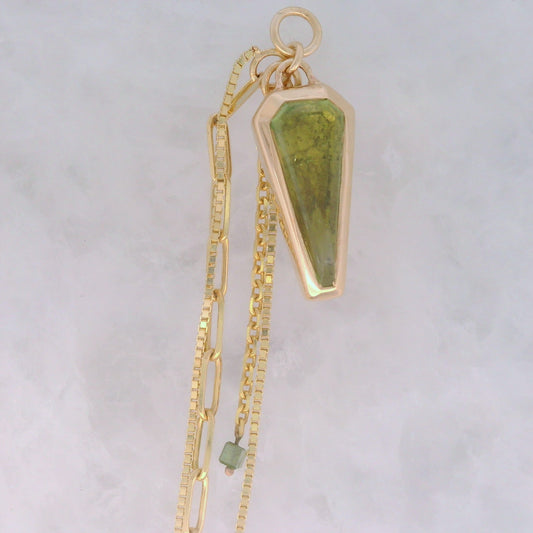 Peridot Coffin with Green Diamond Bead - 14k Yellow Gold - Dangle