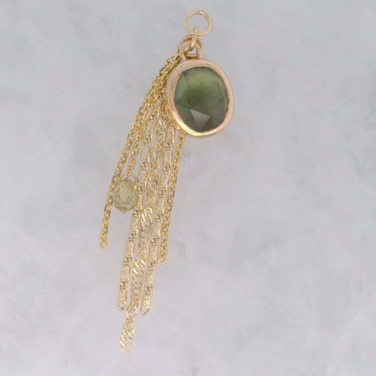 Peridot with Ludugwite Oval with Green Diamond Briolette - 14k Yellow Gold - Dangle