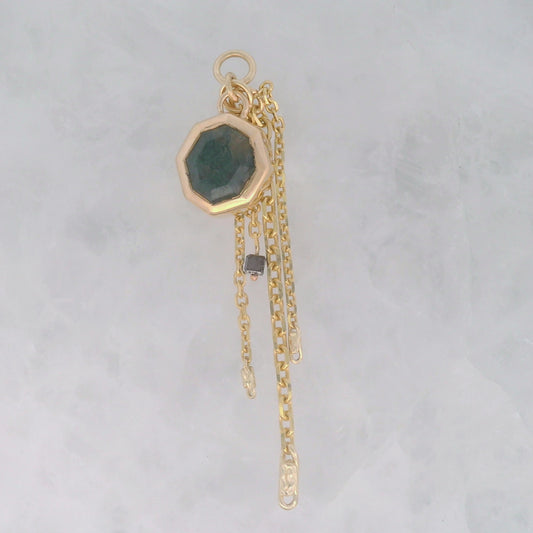 Moss Agate Octagon with Black Diamond - 14k Yellow Gold - Dangle