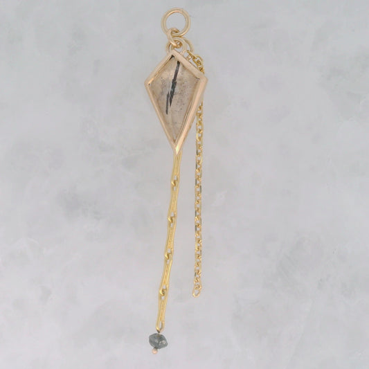 Tourmalinated Quartz with Black Diamond Bead - 14k Yellow Gold - Dangle