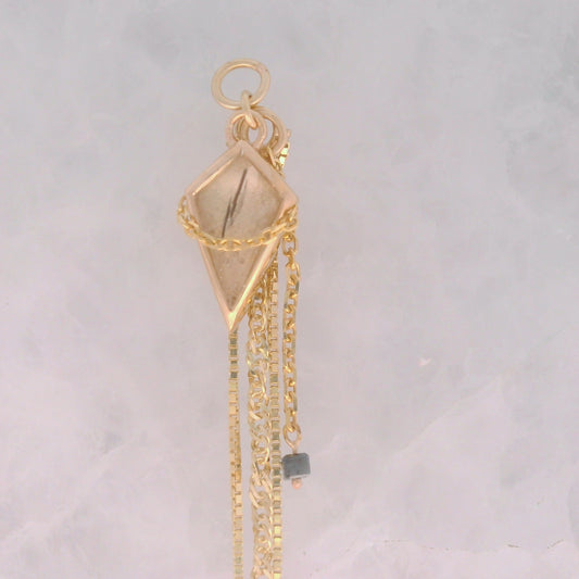 Tourmalinated Quartz Kite with Black Diamond - 14k Yellow Gold - Dangle