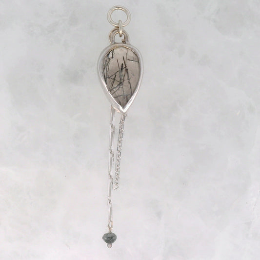 Tourmalinated Quartz Pear with Black Diamond Bead - 14k White Gold - Dangle